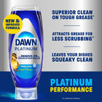 Dawn Platinum bottle shown with text promoting superior clean on tough grease and platinum performance