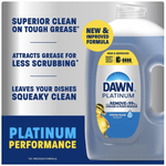 Graphic panel showing a Dawn Platinum jug alongside claims of superior clean, less scrubbing and platinum performance