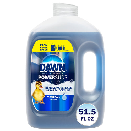 Large translucent jug of Dawn Platinum Plus dish soap with label, duckling image and 51.5 fl oz callout