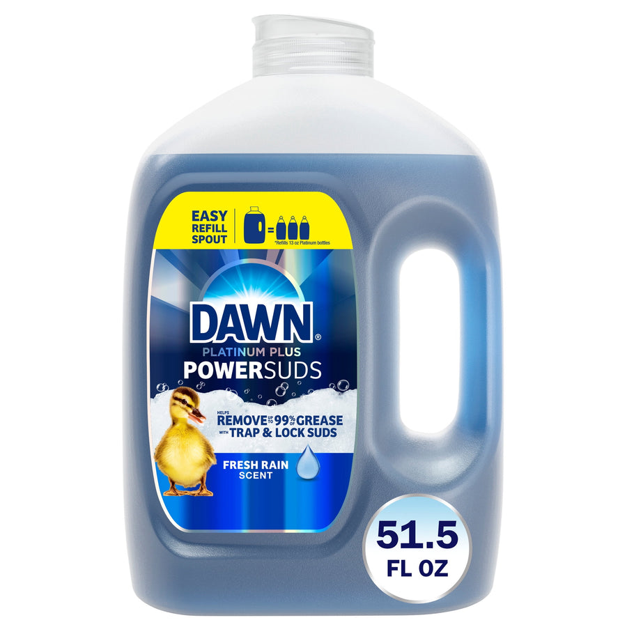 Large translucent jug of Dawn Platinum Plus dish soap with label, duckling image and 51.5 fl oz callout
