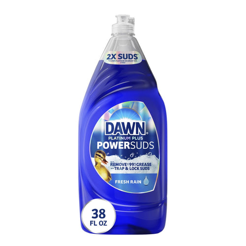 Blue Dawn Platinum Plus PowerSuds bottle with label and 38 fl oz badge on white background