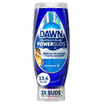 Upside-down Dawn Platinum Plus PowerSuds bottle with blue label and 13.6 fl oz callout on white background