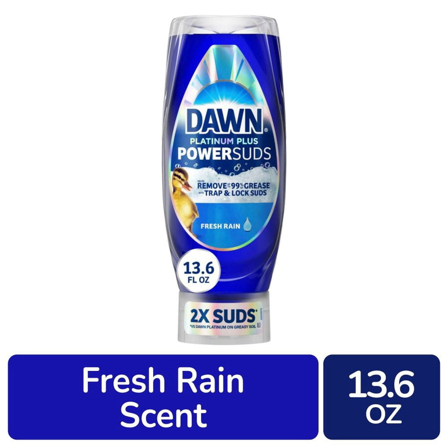 Dawn Platinum Plus PowerSuds Fresh Rain bottle, blue upside-down 13.6 fl oz dish soap with label