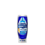 Isolated upside-down Dawn Platinum Plus PowerSuds bottle on white background, clear label and cap visible