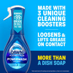 Dawn Platinum Plus Powerwash bottle next to text describing three unique cleaning boosters and loosened grease