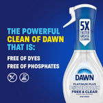 Dawn Platinum Plus Powerwash spray bottle on blue background with callouts "Free of dyes" and "Free of phosphates"