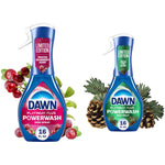 Two Dawn Platinum Plus Powerwash dish spray bottles, limited-edition Frosted Cranberry and Fresh Pine, with fruit and pine accents