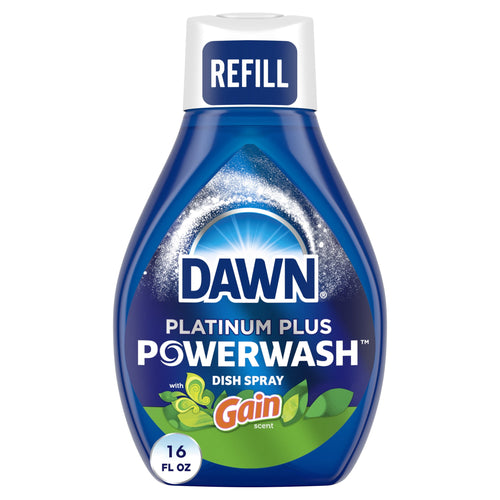 Blue Dawn Platinum Plus Powerwash refill bottle labeled Gain scent, 16 fl oz, white refill cap