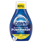 Front-facing Dawn Platinum Plus Powerwash refill bottle with lemon scent label and 16 fl oz badge