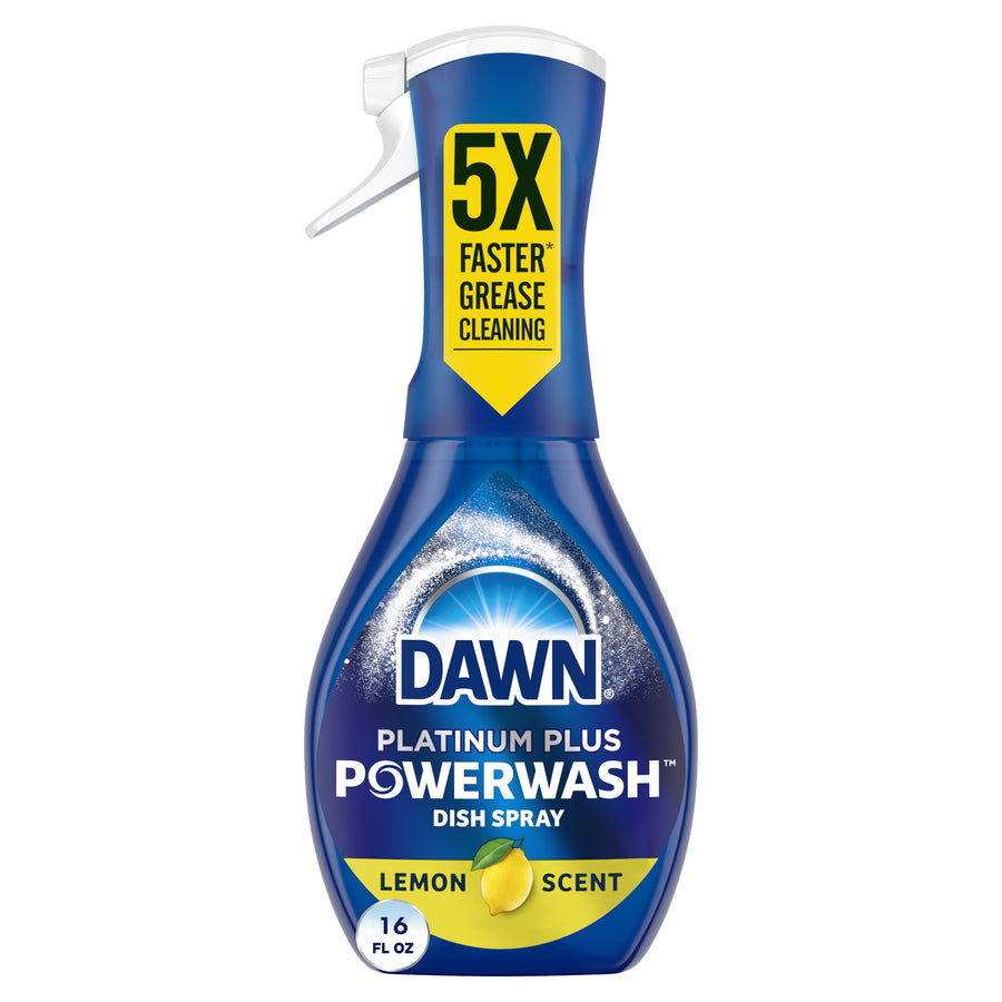 Front-facing bottle of Dawn Platinum Plus Powerwash dish spray with lemon label and 5X badge