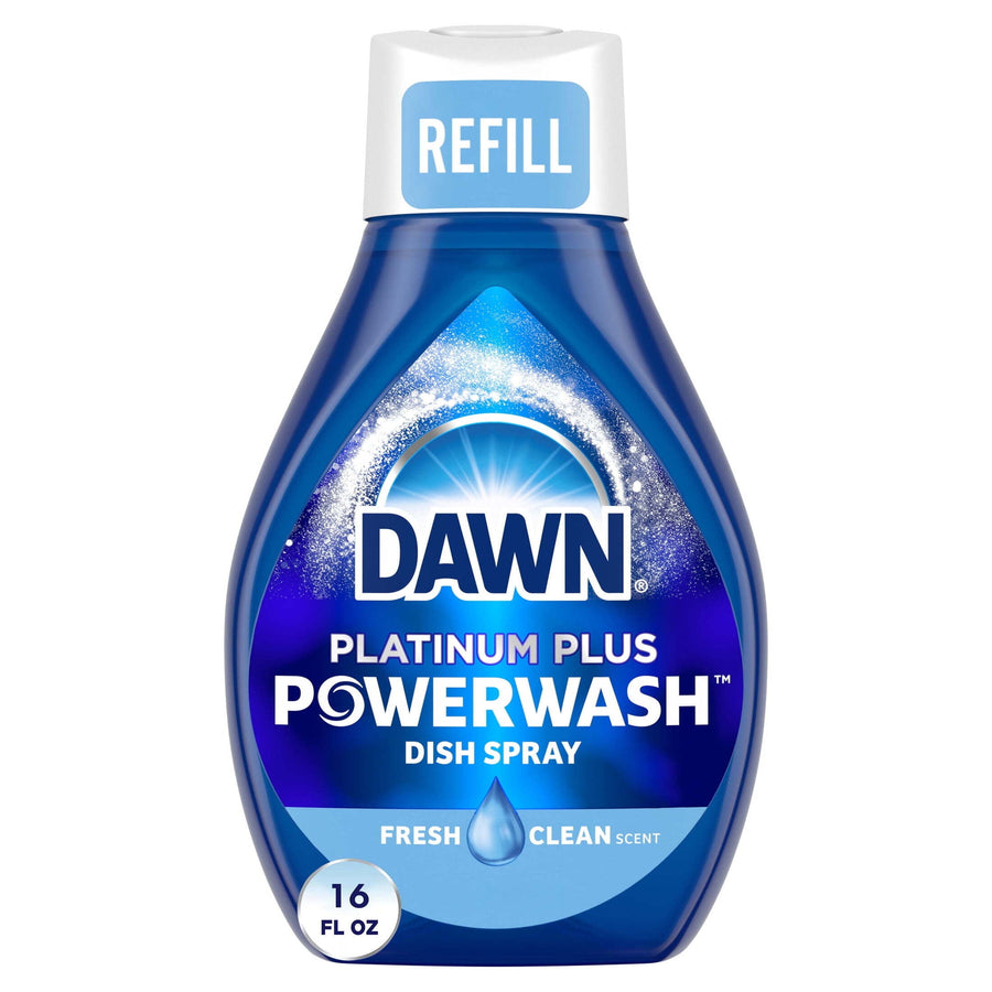 Front-facing Dawn Platinum Plus Powerwash refill bottle with blue label and 'REFILL' cap, 16 fl oz styling