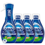 Dawn Platinum Plus Powerwash starter spray bottle with three refill bottles showing Gain scent labels on white background.