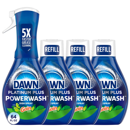 Dawn Platinum Plus Powerwash starter spray bottle with three refill bottles showing Gain scent labels on white background.