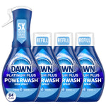 Four Dawn Platinum Plus Powerwash bottles shown front-facing: one sprayer and three refill bottles on white background.