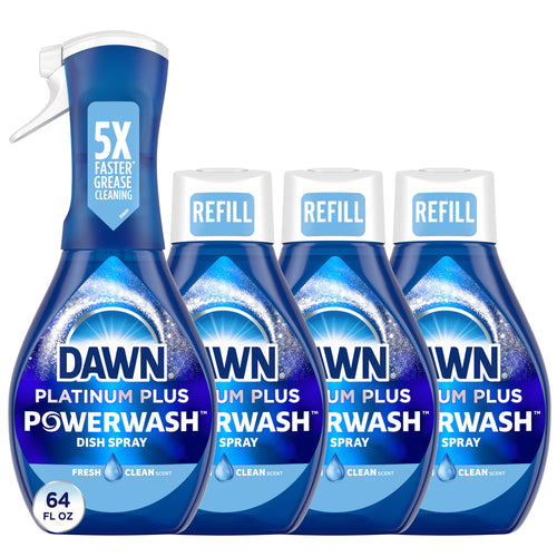 Four Dawn Platinum Plus Powerwash bottles shown front-facing: one sprayer and three refill bottles on white background.