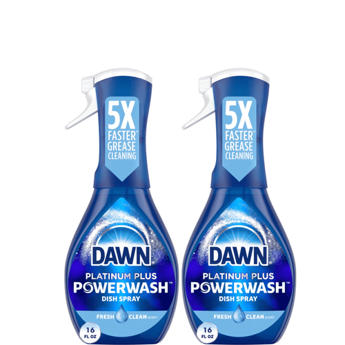 Two Dawn Platinum Plus Powerwash blue spray bottles shown side by side on white background