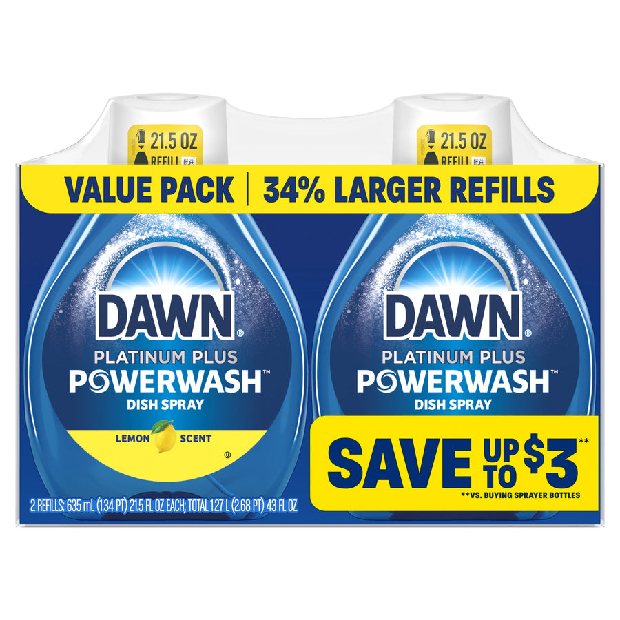 Value pack of two Dawn Platinum Plus Powerwash lemon-scent refill bottles in branded cardboard sleeve with “Save up to $3” callout.