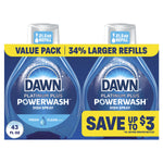 Packaged value pack showing two Dawn Platinum Plus Powerwash refill bottles with promotional banner and save messaging