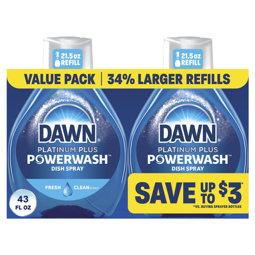 Packaged value pack showing two Dawn Platinum Plus Powerwash refill bottles with promotional banner and save messaging