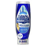 Upright Dawn Platinum Plus PowerSuds blue bottle labeled Fresh Rain with cap and 17.4 fl oz badge