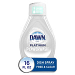 Single clear Dawn Platinum Powerwash refill bottle with a 16 fl oz badge and ‘Dish Spray Free & Clear’ label
