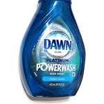Close-up of a single Dawn Platinum Powerwash dish spray bottle showing the front label and blue liquid inside.