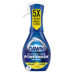 Blue Dawn Platinum Plus Powerwash lemon-scent dish spray bottle with trigger sprayer and 5X claim on label.