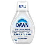 Clear Dawn Platinum Plus Powerwash refill bottle labeled Free & Clear dish spray, 16 fl oz