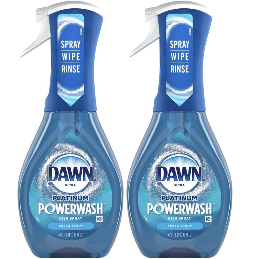 Two Dawn Platinum Powerwash dish spray bottles side-by-side with blue labels on white background.