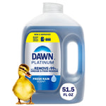 Large Dawn Platinum refill jug with Fresh Rain label, blue liquid and a duckling beside the label