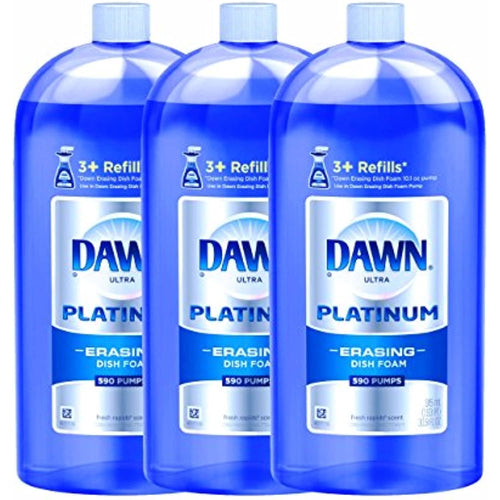 Three blue translucent Dawn Platinum dish foam refill bottles grouped side-by-side on a white background.