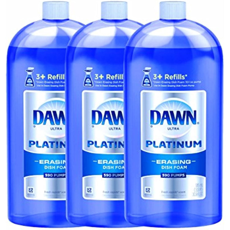 Three blue translucent Dawn Platinum dish foam refill bottles grouped side-by-side on a white background.