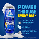 Dawn Platinum Plus PowerSuds bottle with foam and infographic text listing trap & lock technology, 2x suds, instant drying