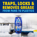 Dawn Platinum Plus PowerSuds bottle staged on countertop with dishes and bold headline about trapping and removing grease