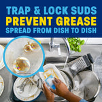 Hands washing greasy dishes in a sink with bubble closeup and bold text about preventing grease spread
