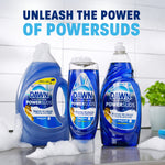 Three Dawn Platinum Plus PowerSuds containers including refill and standard bottles on countertop with foam