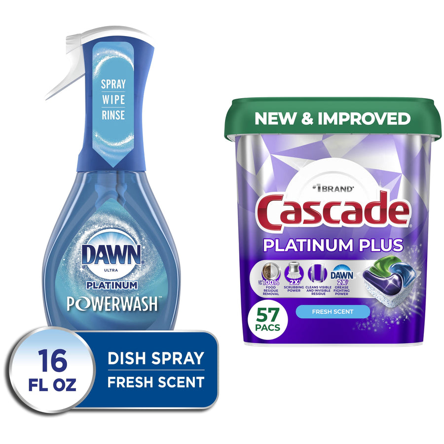 Dawn Platinum Powerwash spray bottle next to a Cascade Platinum Plus dishwasher pacs tub on white background