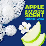 Apple blossom scent graphic with soap suds, apple slices and text “APPLE BLOSSOM SCENT FRESH & FLORAL”