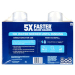 Rear packaging panel with bold “5X FASTER” claim, “No water needed until rinsing” banner, directions for use and refill instructions.