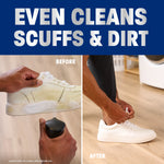 Before-and-after lifestyle image of someone cleaning scuffed sneakers, with headline about cleaning scuffs and dirt
