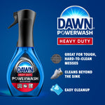 Dawn Powerwash Heavy Duty bottle on blue background with brand logo and icons listing tough-mess benefits.