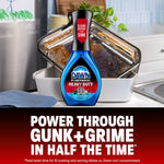 Dawn Powerwash Heavy Duty bottle staged in front of dirty baking dishes in a kitchen setting with bold product claim text