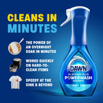 Dawn Powerwash bottle on blue gradient background with text 'CLEANS IN MINUTES' and icons showing uses