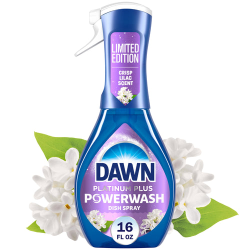 Single bottle of Dawn Platinum Plus Powerwash dish spray with crisp lilac label and floral accents on white background.