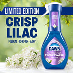 Dawn Platinum Plus Powerwash Crisp Lilac spray bottle with large text reading ‘Limited Edition Crisp Lilac’ and floral accents