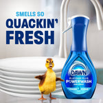 Dawn Powerwash bottle beside a small duckling and stacked plates with headline ‘Smells so Quackin’ Fresh’.