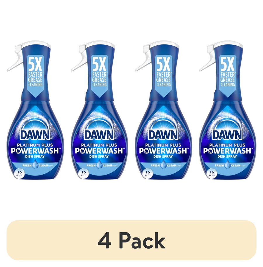 Four blue Dawn Platinum Plus Powerwash dish spray bottles side-by-side on white, label showing Fresh Clean scent