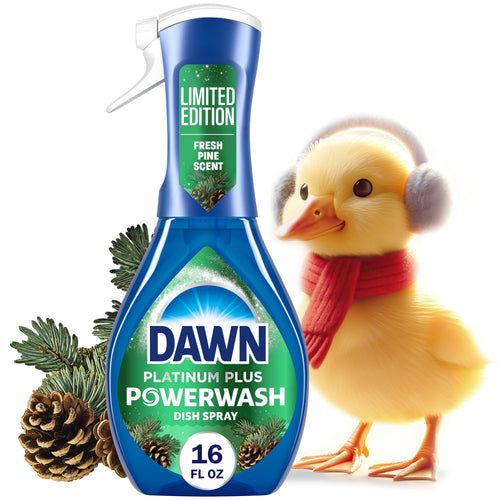 Bottle of Dawn Platinum Plus Powerwash Fresh Pine with pinecones and the Dawn duck wearing earmuffs