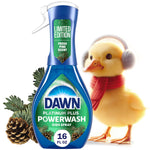 Dawn Platinum Plus Powerwash dish spray bottle with fresh pine label, pine cones and a duckling wearing earmuffs