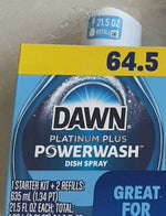 Partial front view of Dawn Platinum Plus Powerwash packaging showing logo, product name and '64.5' yellow size panel.